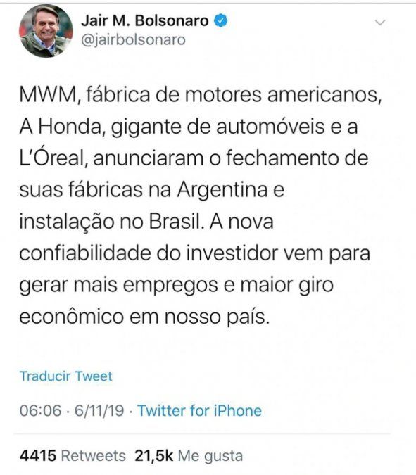 El tuit de Jair Bolsonaro, que luego borró.