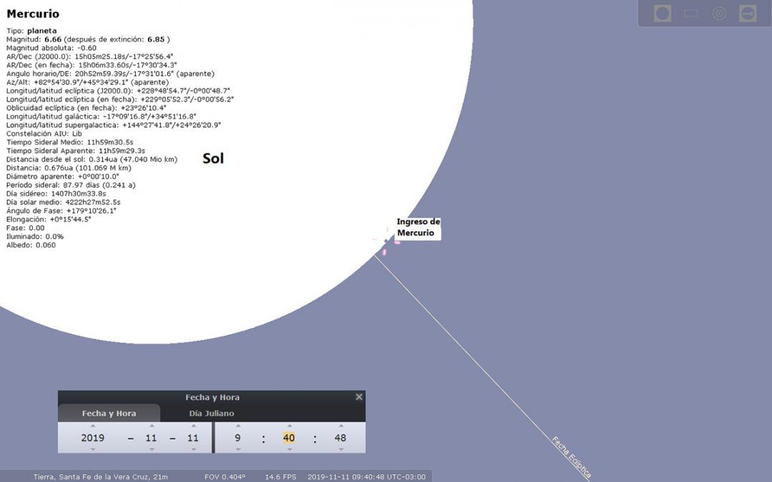 Momento del ingreso de Mercurio frente al disco del Sol (Stellarium). Fuente: CODE