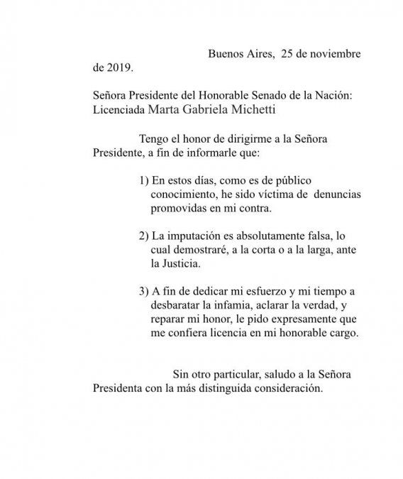 La carta que José Alperovich envió a Gabriela Michetti, presidente del Senado. 