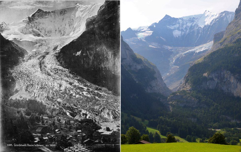 Impresionante cambio en el glaciar Lower Grindelwald, en los Alpes suizos. La foto de la izquierda está tomada en 1865, la de la derecha, en agosto de 2019.