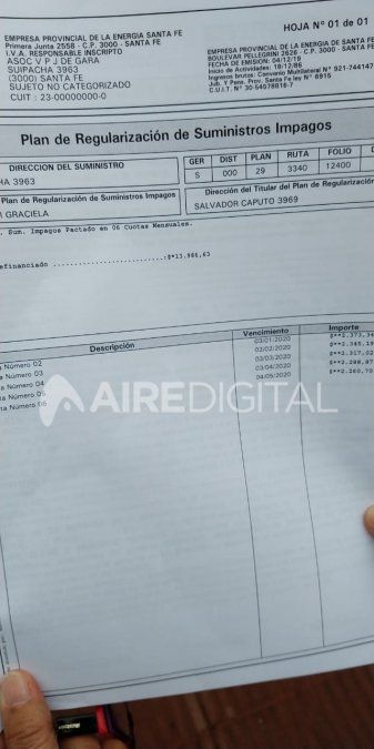 El plan de pago que Graciela Pieroni debió asumir a su nombre para que la vecinal vuelva a contar con el servicio