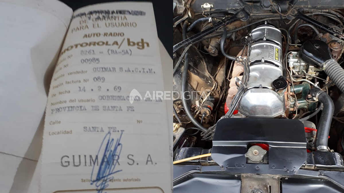 Papeles de la radio del auto donde figura el Gobierno de la Provincia de Santa Fe como usuario y el motor