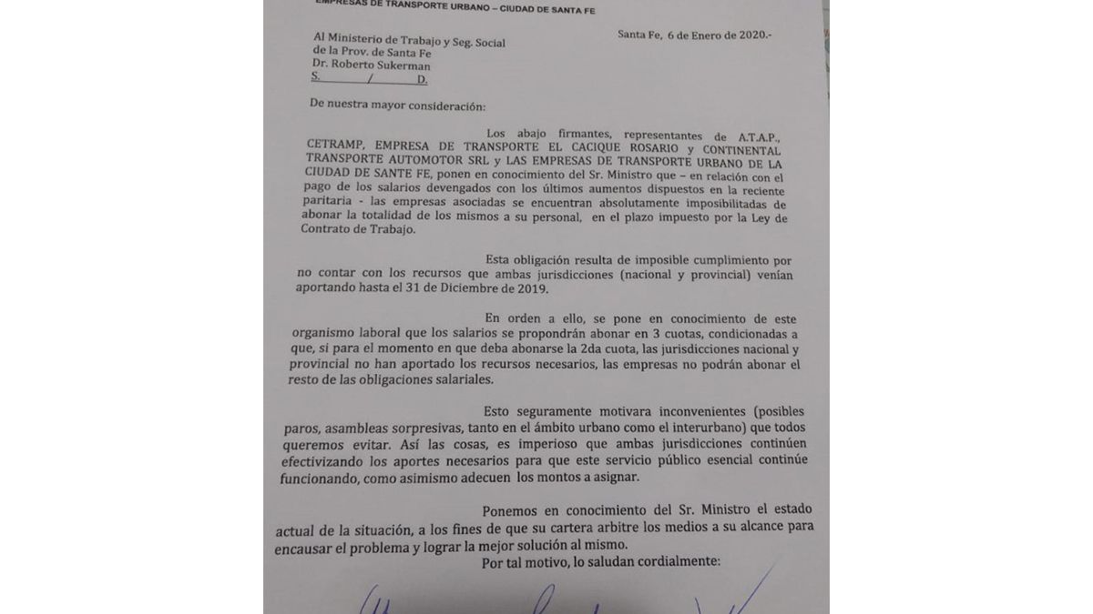 La nota que los empresarios de transporte van a presentar en el Ministerio de Trabajo de Santa Fe.