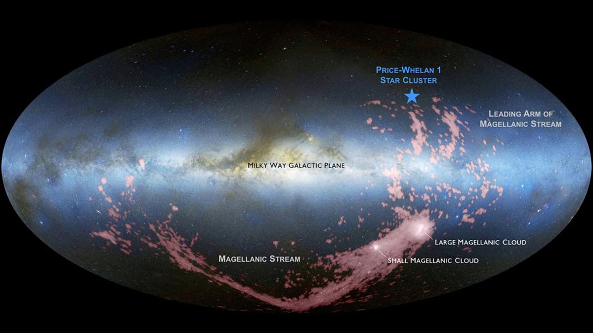 Un nuevo grupo de estrellas jóvenes (estrella azul) se encuentra en la periferia de la Vía Láctea. Estas estrellas probablemente se formaron a partir de material procedente de galaxias enanas vecinas llamadas Nubes de Magallanes. D. Nidever; NASA