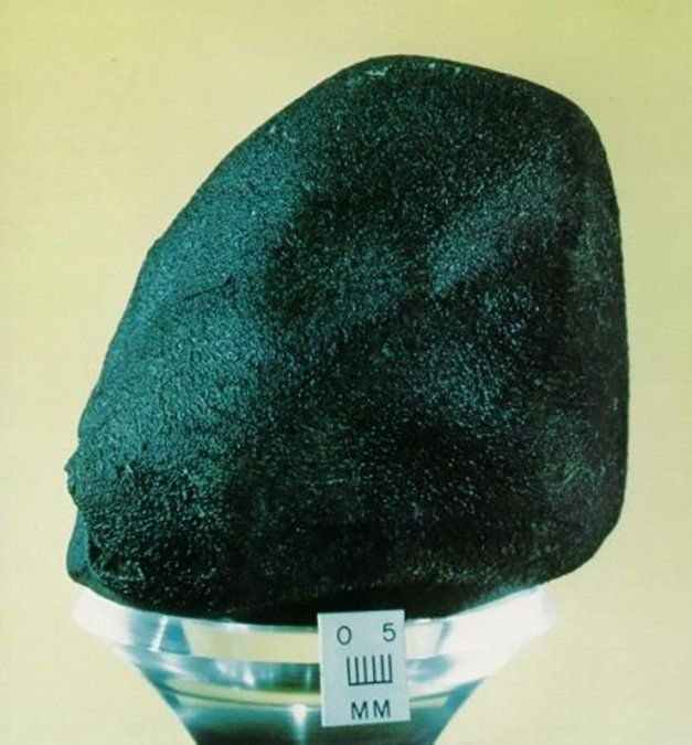 Fragmento del meteorito Murchison (a la derecha) y partículas individuales aisladas (se muestran en el tubo de ensayo).