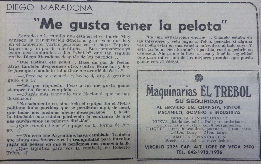 Entrevista a Diego Maradona, luego de la goleada de Argentinos por 4 a 1 a Unión. Torneo Nacional 1977.