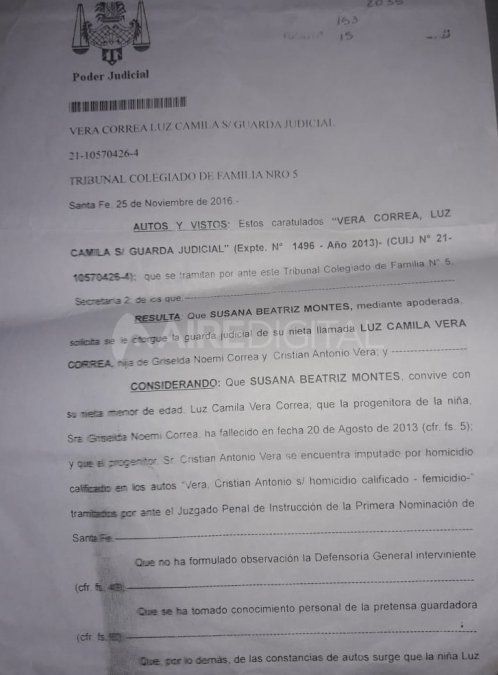 Guarda provisoria de Luz Camila otorgada a Susana Montes