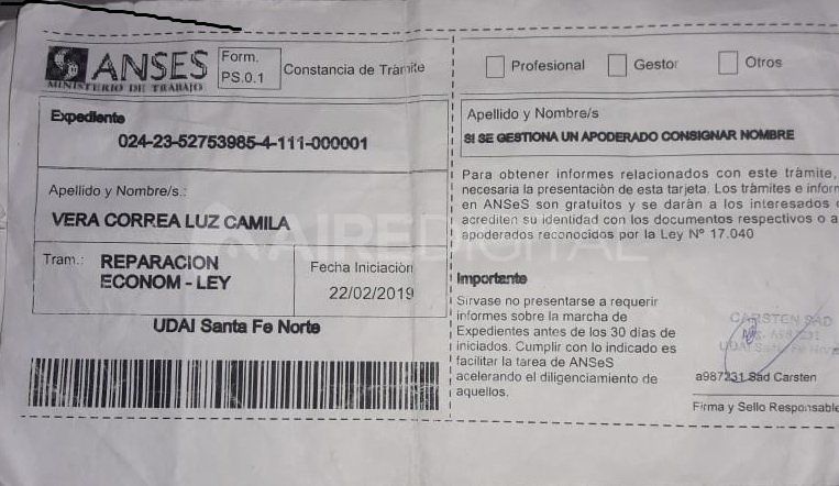 Comprobante de iniciación del trámite para obtener la reparación histórica