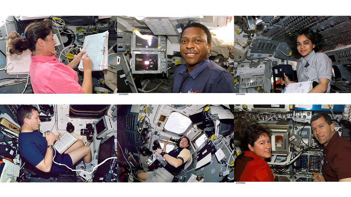 La tripulación del Columbia en sus trabajos durante la misión STS 107. 2003. Nasa.