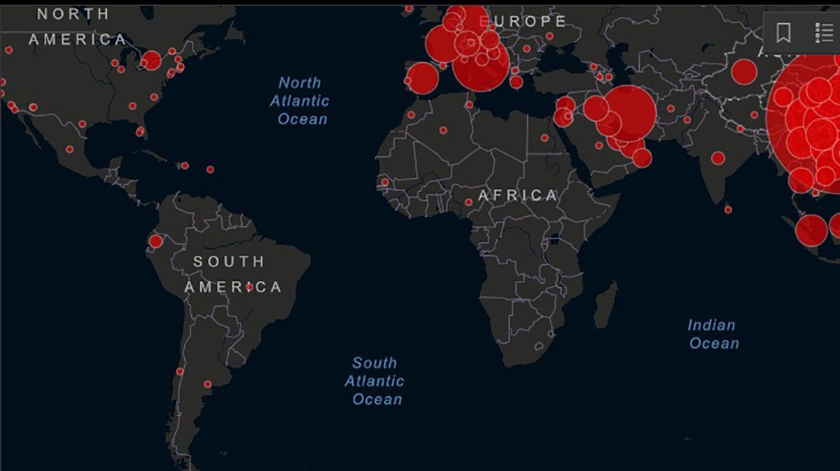 Un mapa interactivo registra en tiempo real el avance del coronavirus. Este martes, llegó el primer caso a Argentina.