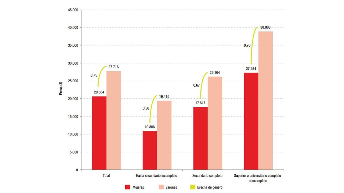 Promedio y brecha de ingresos, según nivel de instrucción y género.