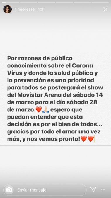 Tini Stoessel cancela sus shows en Europa y posterga el de Buenos Aires por el coronavirus Fuente: @tinistoessel en Instagram