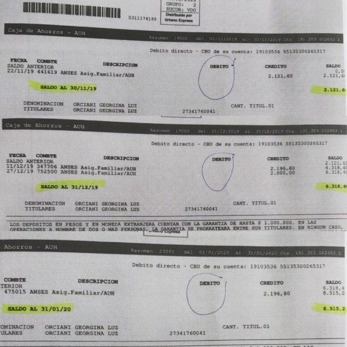 En la cuenta del banco Credicoop a nombre de la legisladora santafesina, sólo figuran movimientos de débito.