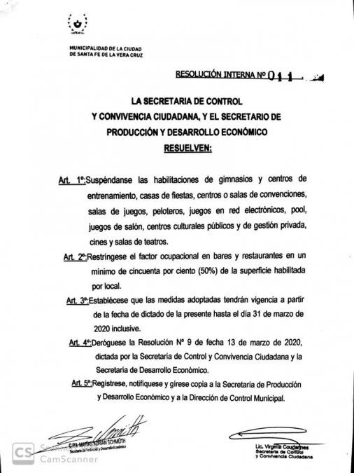 La resolución municipal n° 001 donde se dispone de la suspensión de gimnasios, centros de entretenimiento, bares y restaurantes de la ciudad.