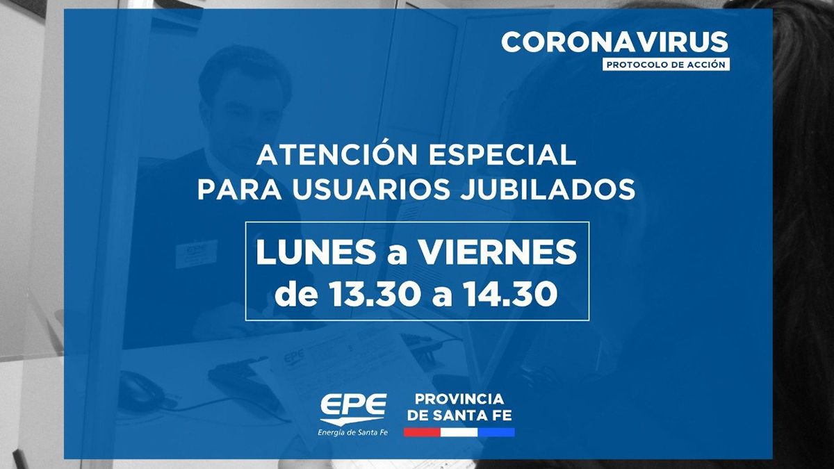 La Empresa Provincial de Energía (EPE) fijó una atención especial para los jubilados. Será de lunes a viernes de 13:30 a 14:30 horas.