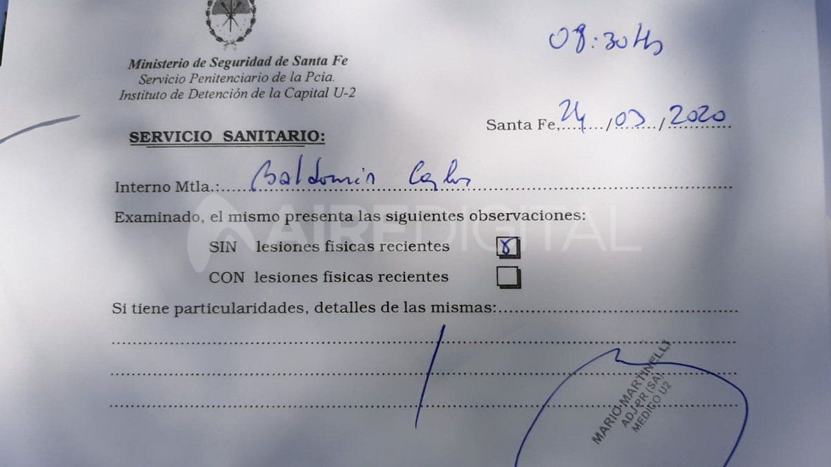 Este es el certificado oficial del Servicio Penitenciario donde se afirma que Carlos Baldomir está con vida. Fechado este martes 24 a las 8.30.