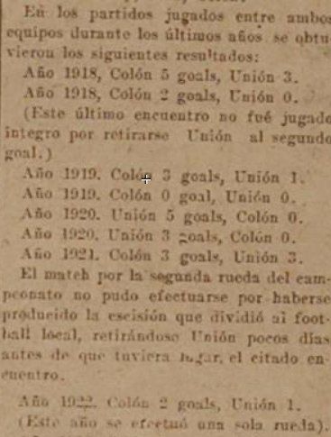 Así consignaban los registros de la época los clásicos santafesinos disputados entre el Club Atlético Colón y el Club Atlético Unión entre 1918 y 1919. Foto: Hemeroteca de la Ciudad de Santa Fe.