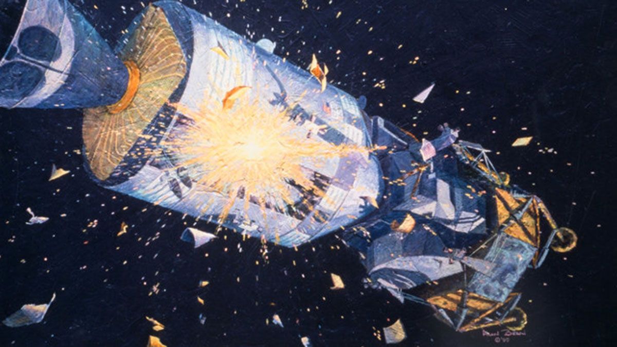 Pintura de la explosión del módulo de servicio del Apolo 13, por Al Bean.