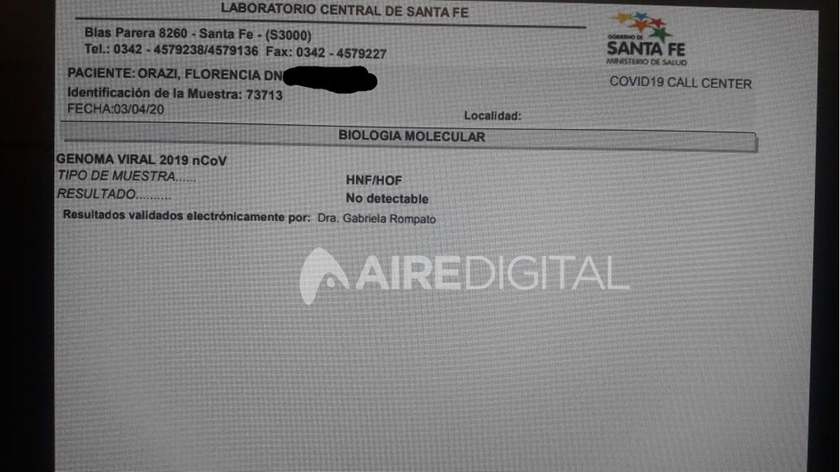 El análisis que confirma que Orazi ya no tiene coronavirus.
