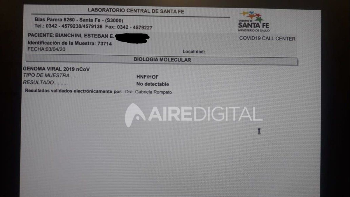 La confirmación de que Bianchini ya no porta el virus.