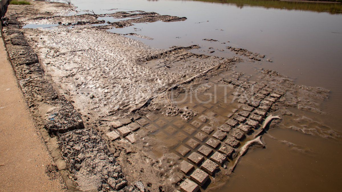 La aparición de este tramo de la malla geotextil muestra lo bajo que está el Salado en la costa de Santo Tomé.