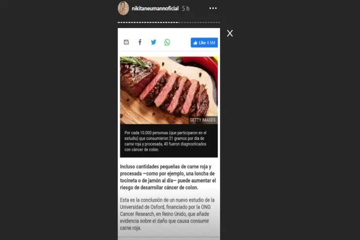 Nicole Neumann no hizo referencia al asado pero se encargó de publicar una serie de historias sobre los peligros de la carne roja. Crédito: Instagram Nicole Neumann