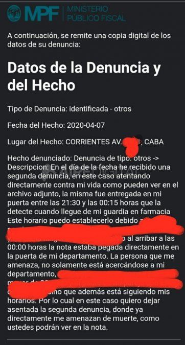 Segunda denuncia realizada por el farmacéutico por las reiteradas amenazas.