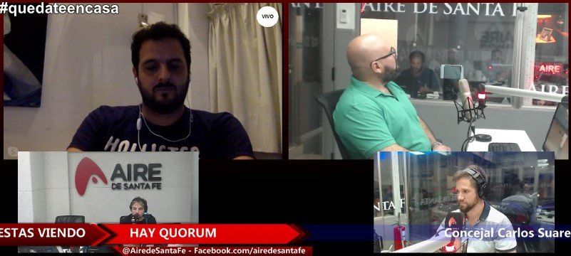 Martín Salemi, del Centro Comercial de Santa Fe, en diálogo por videollamada con los periodistas José Graells, Roberto Almitrani y el concejal Carlos Suárez.