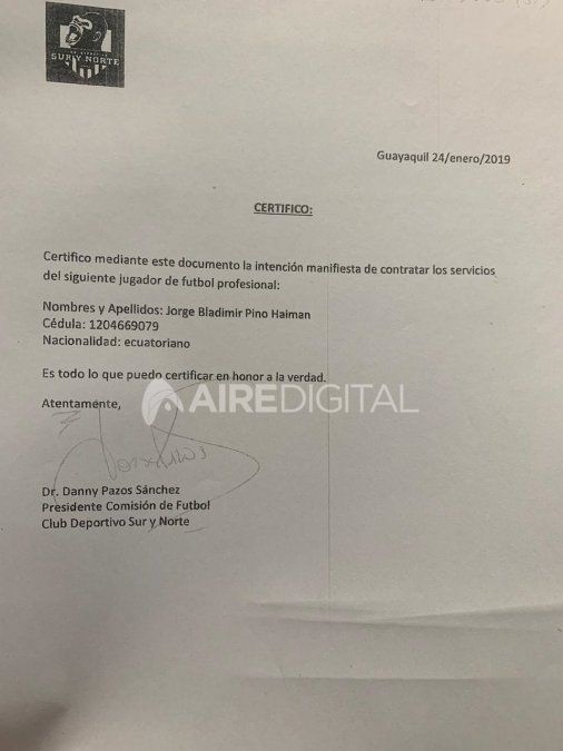 Nota de intención de contratar a Jorge Pinos con fecha del 24/01/2019.