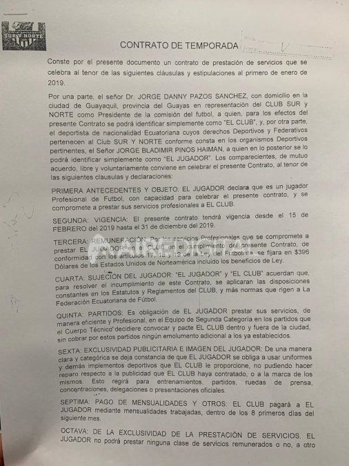 Contrato con el Logo del club Sur y Norte de Jorge Pinos con la firma del tercer vocal suplente y no por el presidente. (1/2)
