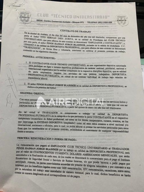 Contrato de trabajo firmado por Técnico Universitario y Jorge Pinos con validez hasta el 2021. (1/3)