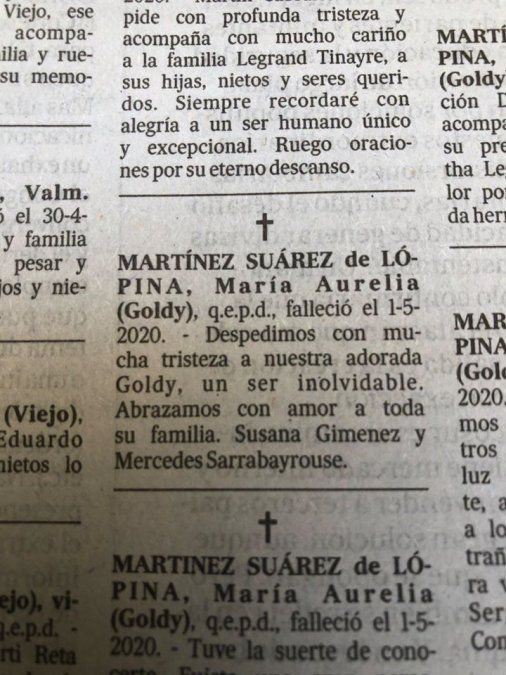 El aviso fúnebre que Susana Giménez publicó en los diarios más importantes del país. Foto: Lorna Gemetto.