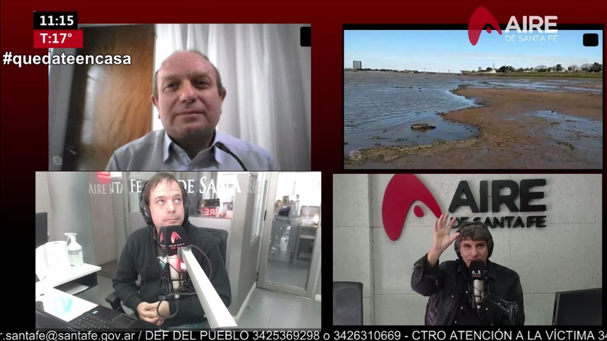 El funcionario nacional en la entrevista con Luis Mino y Pablo Lucero. En la cuarta imagen, una postal de la bajante en la laguna Setúbal desde el móvil de Aire de Santa Fe.