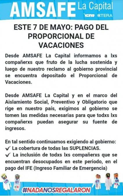 El comunicado de este jueves de Amsafé La Capital.
