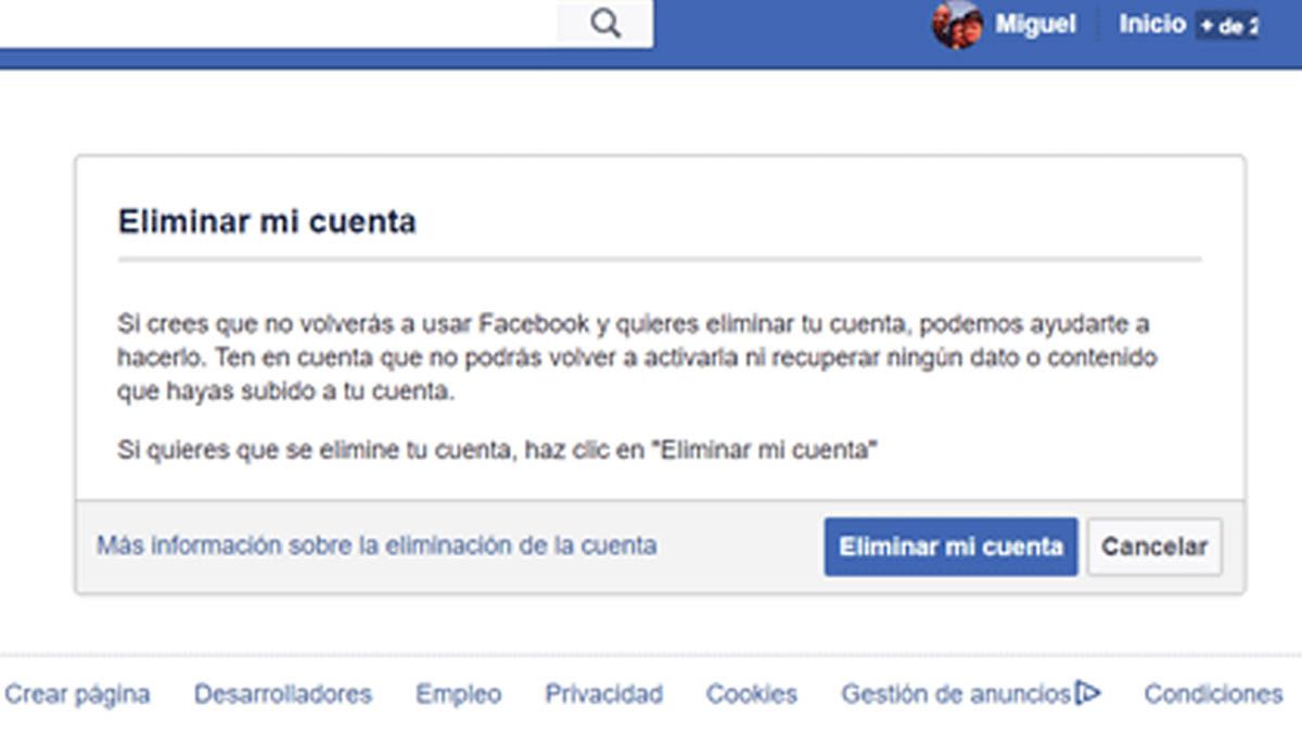 La segunda opción es "Eliminar mi cuenta" como una manera permanente de borrar tu cuenta.