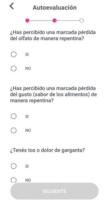 Luego es necesario indicar si el usuario presenta una serie de síntomas que son compatibles con el coronavirus.