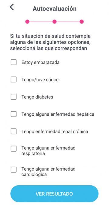Por último, la app pide especificar determinadas condiciones para saber si el usuario está dentro de los grupos de riesgo y luego se obtiene el resultado de la autoevaluación.
