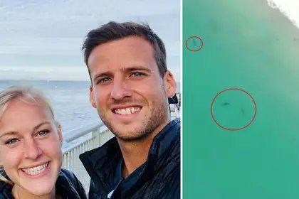 A la izquierda, Ben Kelly y su esposa, Kate Kelly. A la derecha, tiburones acechan la orilla de Manresa State Beach