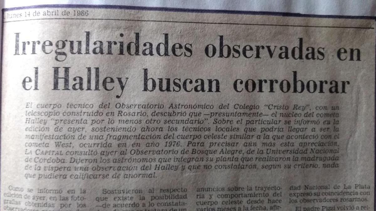 Un recorte de la noticia sobre lo que observaron Víctor y sus compañeros en 1986 cuando pudo verse el cometa Halley.