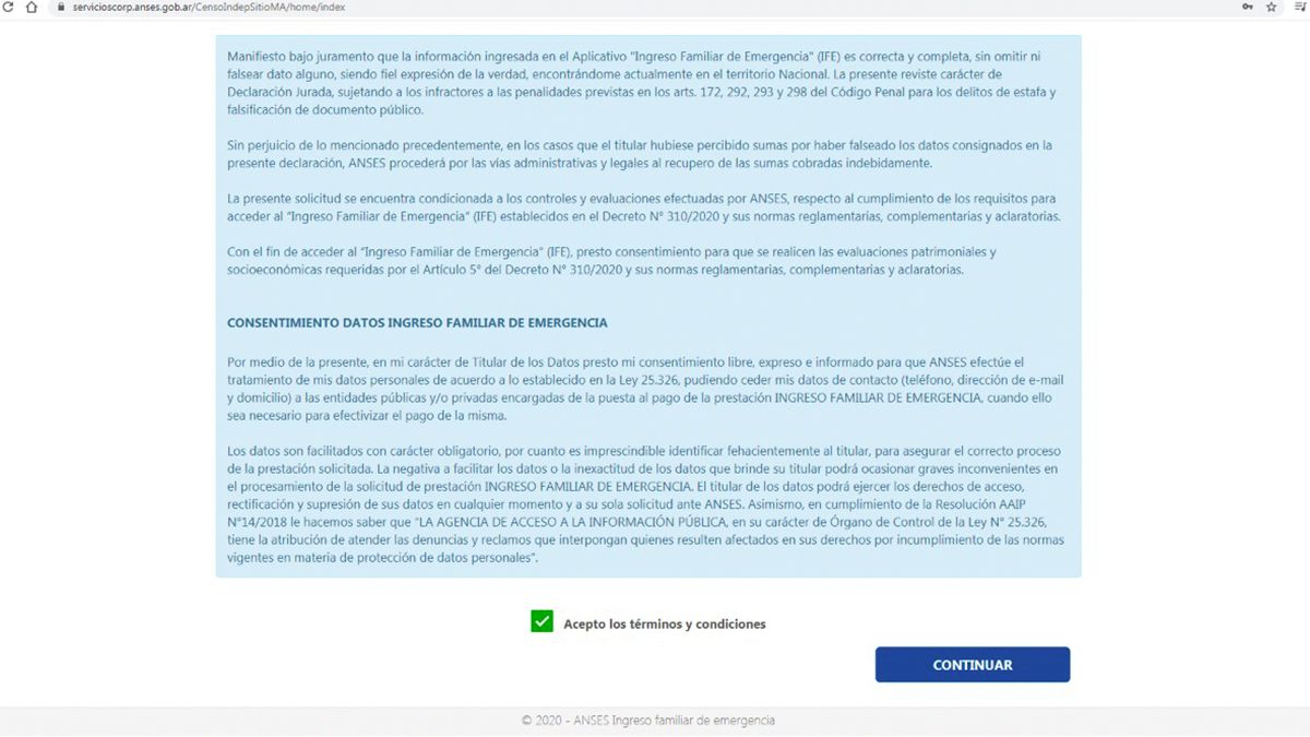 Aquí se deberá aceptar términos y condiciones para poder continuar con el trámite. Recomendamos leerlos.