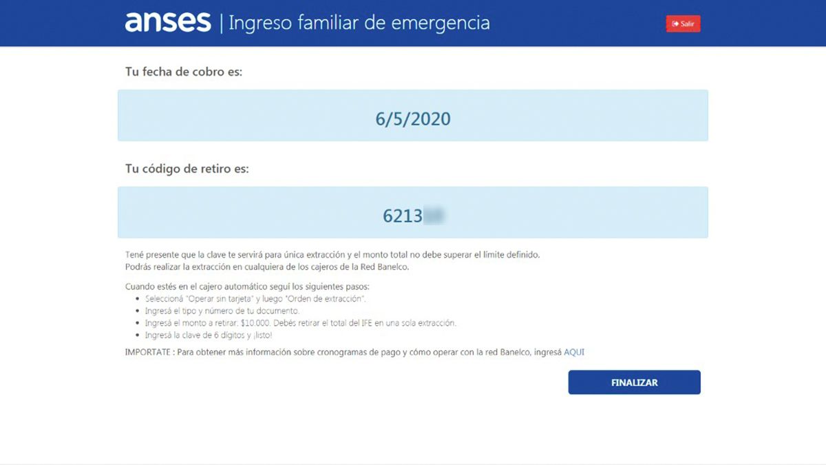Al finalizar, el sistema nos brinda la fecha de cobro y el código de retiro.