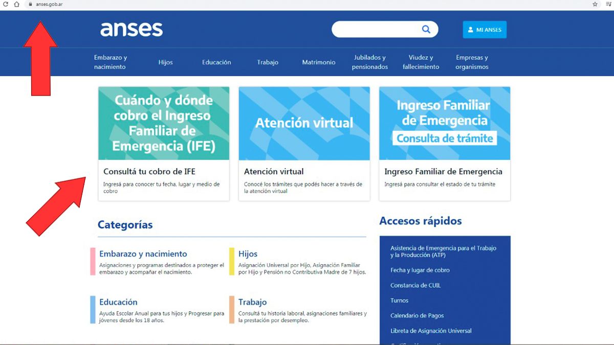 Al ingresar en el sitio web de Ansés, debés clickear en Cuándo y Donde cobro el IFE para iniciar el proceso.