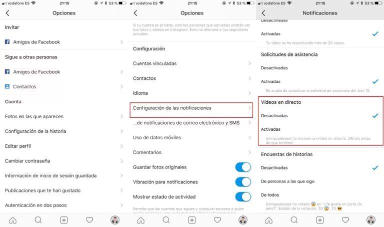 Paso a paso como desactivar las notificaciones de vivos en Instagram.