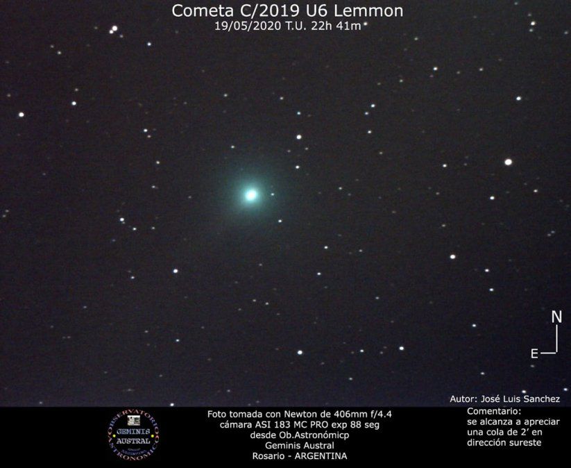 Imagen del cometa Lemmon por José Luis Sánchez. Se alcanza a apreciar una cola de 2' en dirección sureste.
