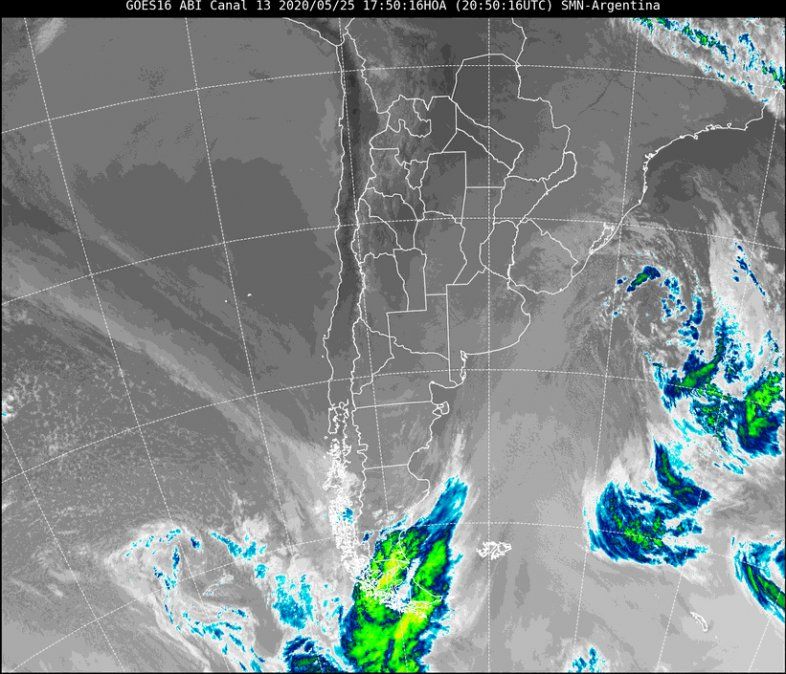 La imagen satelital muestra cielo despejado prácticamente desde la provincia de Río Negro hacia el norte en todo el territorio nacional.