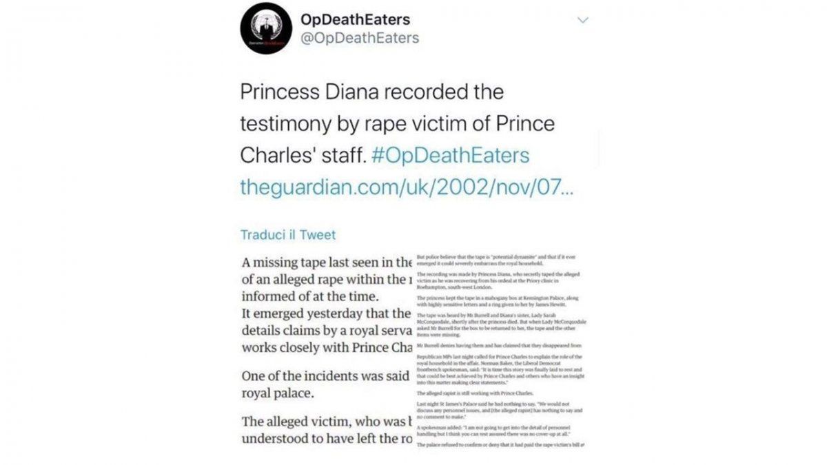 Uno de los tweets de Anonymus sobre Lady Di