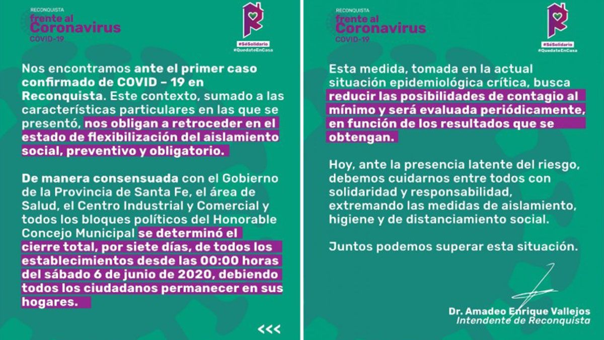 El comunicado que el municipio de Reconquista publicó el viernes por la tarde.