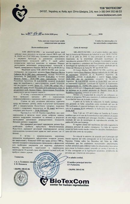 La carta de invitación por parte de la clínica BioTexCOM frente la inminente llegada de Nina