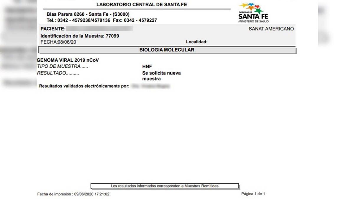 Los resultados de los análisis del paciente en el Sanatorio Americano.