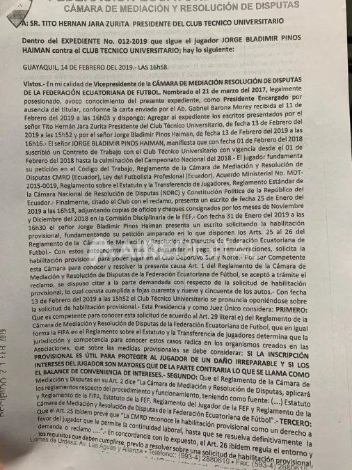 Resolución de la Cámara de Mediación y resolución de disputas de la FEF.